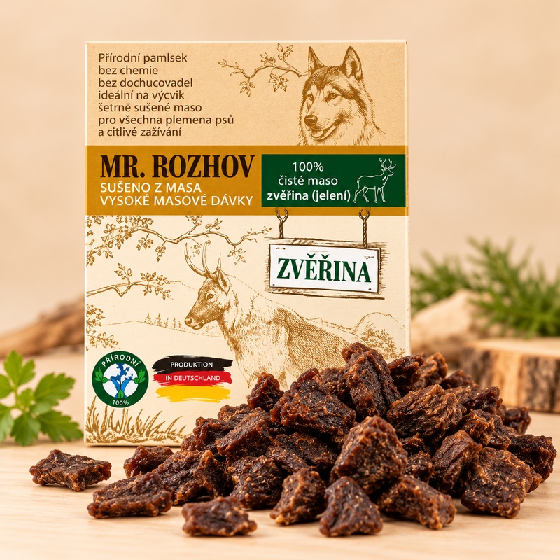 100% ČISTÉ SUŠENÉ ZVĚŘINOVÉ MASO KOSTKY - přírodní pamlsek 80g